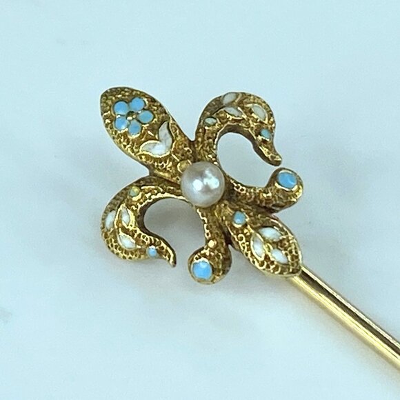 Antique 14K Fleur De Lis Seed Pearl Sky blue Enamel stick pin 1.3g 55mm JR412